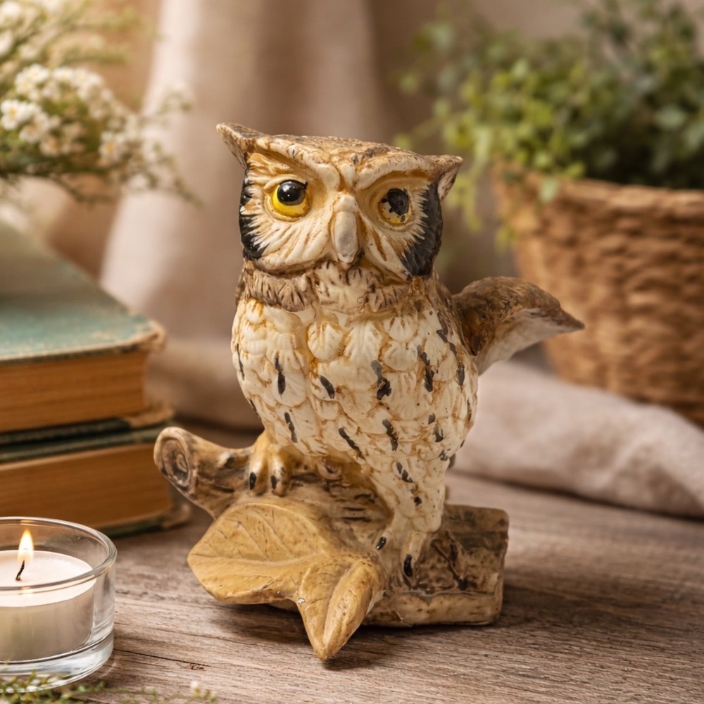 HOMCO Owl Figurine #7116 Vintage Ceramic Look Made in‎ Taiwan Woodland Decor